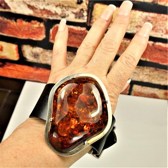 SUPER HUGE AMBER STERLING LEATHER RARE BRACELET 9 BY AMBERMODA UNISEX - Picture 10 of 16